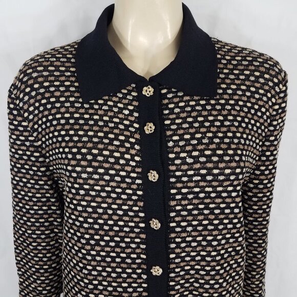 St. John Collection black tan gold buttons cardigan jacket ladies size 12 - Picture 2 of 9